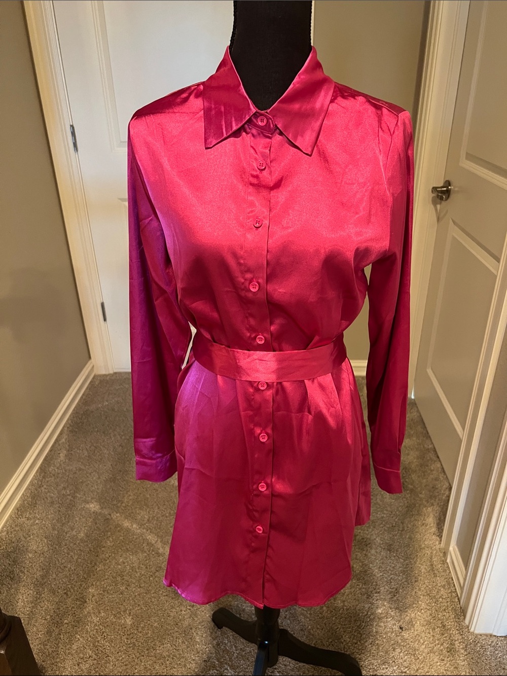 zeagoo Hot Pink Satin Long Sleeve Shirt Dress with Waist Tie